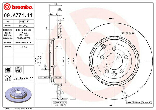 brembo BRAKE DISC LAND ROVER レンジローバー スポーツ LS5S 2009/12〜2013/10 リア左右セット 09.A774.11