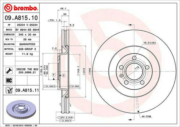 brembo BRAKE DISC AUDI S4 8EBBKF 2003〜2008 フロント左右セット 09.A815.11