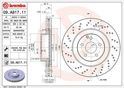 brembo BRAKE DISC MERCEDES BENZ Sクラス W221 221186 2006/11〜2011/07 フロント左右セット 09.A817.11