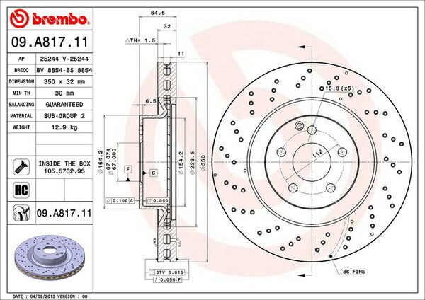 brembo BRAKE DISC MERCEDES BENZ Sクラス W221 221173 2011/07〜 フロント左右セット 09.A817.11