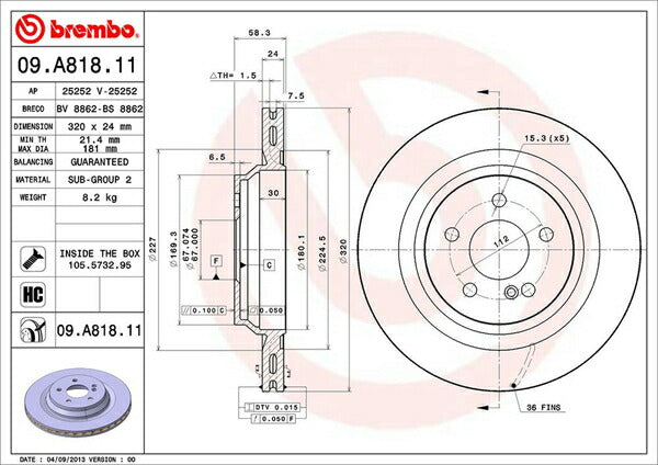 brembo BRAKE DISC MERCEDES BENZ Sクラス W221 221056 2005/10〜2011/07 リア左右セット 09.A818.11