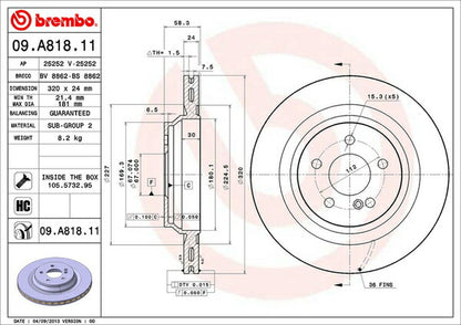 brembo BRAKE DISC MERCEDES BENZ Sクラス W221 221173 2011/07〜 リア左右セット 09.A818.11