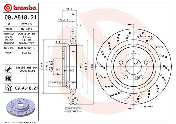 brembo BRAKE DISC MERCEDES BENZ SL R230 230458 2008/05〜2012/03 リア左右セット 09.A818.21