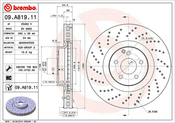 brembo BRAKE DISC MERCEDES BENZ SL R230 230476/230477 2001/10〜2012/03 フロント左右セット 09.A819.11
