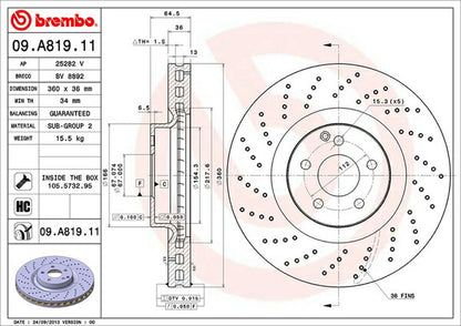 brembo BRAKE DISC MERCEDES BENZ SL R230 230476/230477 2001/10〜2012/03 フロント左右セット 09.A819.11