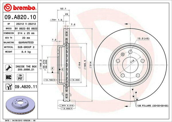 brembo BRAKE DISC AUDI A4(B8) 8KCAB/8KCDH 2008/03〜2016/02 フロント左右セット 09.A820.11