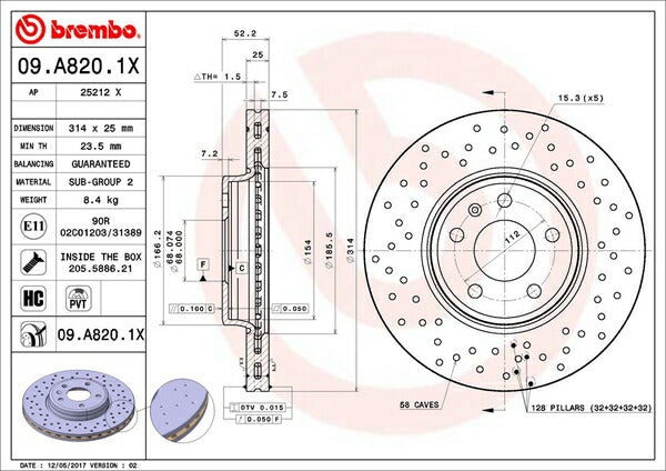 brembo XTRA BRAKE DISC AUDI A4(B8) 8KCDN 2009/12〜2016/02 フロント左右セット 09.A820.1X