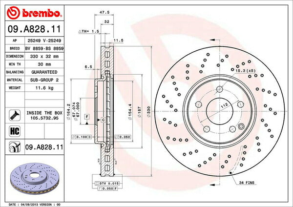 brembo BRAKE DISC MERCEDES BENZ Sクラス W220 220083 2002/11〜2005/09 フロント左右セット 09.A828.11