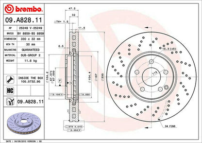 brembo BRAKE DISC MERCEDES BENZ Sクラス W220 220083 2002/11〜2005/09 フロント左右セット 09.A828.11