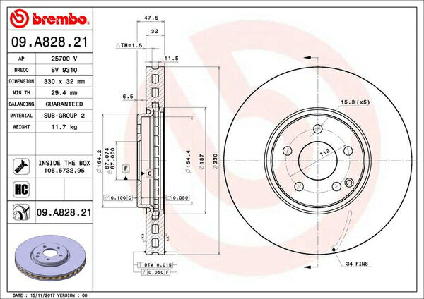 brembo BRAKE DISC MERCEDES BENZ Eクラス W211(セダン) 211083 2003/10〜2009/08 フロント左右セット 09.A828.21