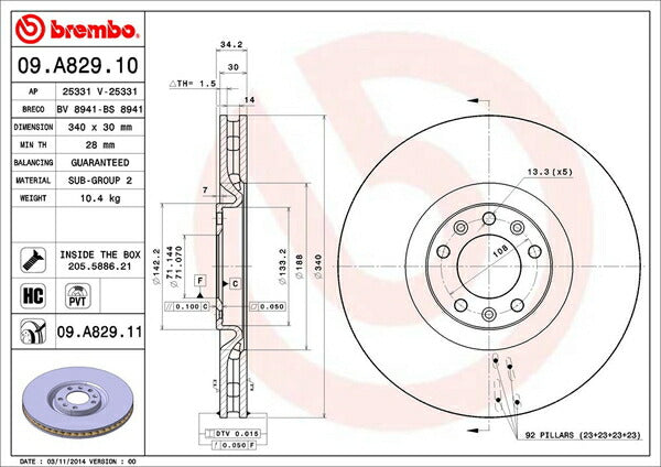 brembo BRAKE DISC PEUGEOT RCZ T7R5F03 2010/07〜 フロント左右セット 09.A829.11