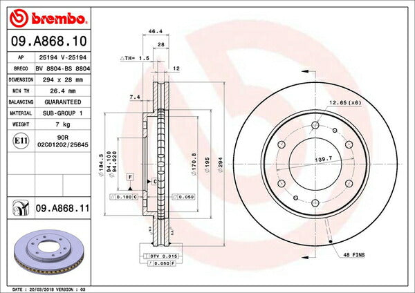 brembo BRAKE DISC ミツビシ トライトン KB9T 2006/09〜2011/08 フロント左右セット 09.A868.10