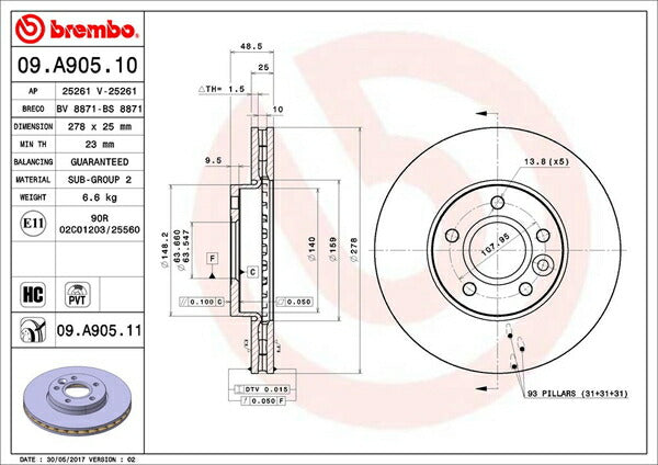 brembo BRAKE DISC VOLVO V50 MB4204S 2009/03〜2013/01 フロント左右セット 09.A905.11