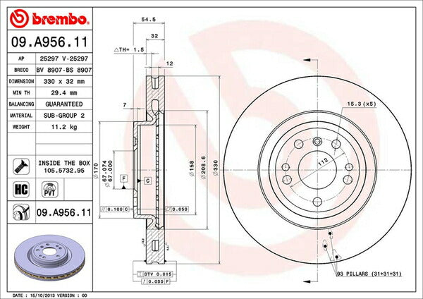 brembo BRAKE DISC MERCEDES BENZ Mクラス/GLE W166 166024 2015/10〜2019/06 フロント左右セット 09.A956.11