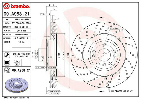 brembo BRAKE DISC MERCEDES BENZ Mクラス/GLE W166 166024 2015/10〜2019/06 フロント左右セット 09.A958.21