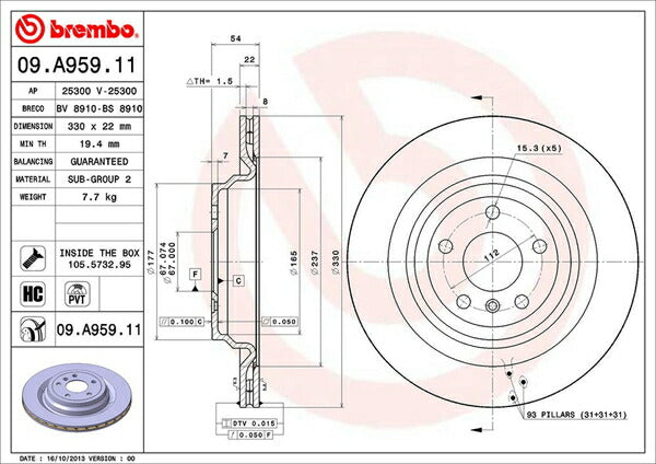 brembo BRAKE DISC MERCEDES BENZ Mクラス/GLE W166 166024 2015/10〜2019/06 リア左右セット 09.A959.11