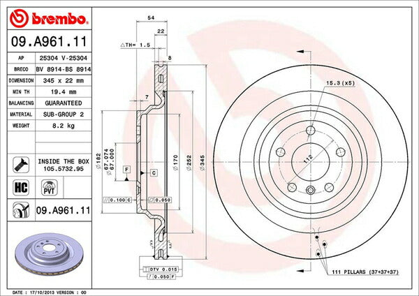 brembo BRAKE DISC MERCEDES BENZ Mクラス/GLE W166 166057 2012/06〜2015/10 リア左右セット 09.A961.11