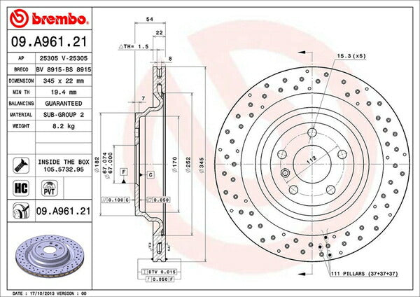 brembo BRAKE DISC MERCEDES BENZ GLクラス X166 166824 2016/04〜 リア左右セット 09.A961.21