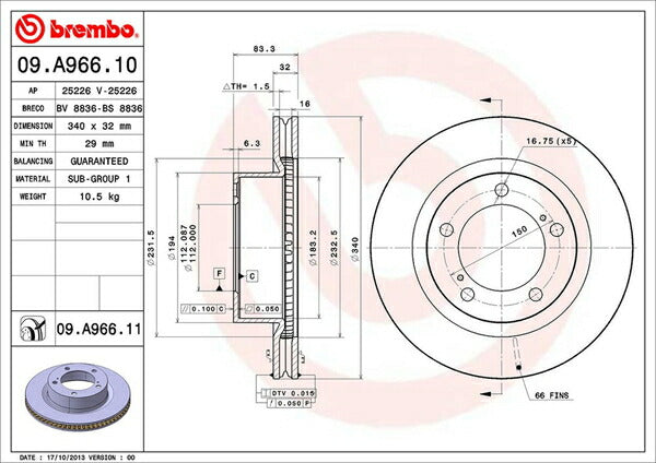 brembo BRAKE DISC トヨタ ランドクルーザー/ランドクルーザーシグナス UZJ200W/URJ202W 2007/09〜2015/08 フロント左右セット 09.A966.11