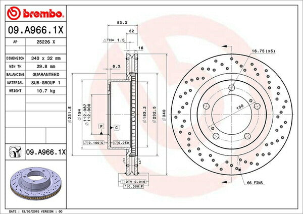 brembo XTRA BRAKE DISC トヨタ ランドクルーザー/ランドクルーザーシグナス UZJ200W/URJ202W 2007/09〜2015/08 フロント左右セット 09.A966.1X