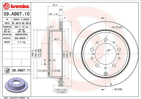 brembo BRAKE DISC トヨタ ランドクルーザー/ランドクルーザーシグナス URJ202W 2015/08〜 リア左右セット 09.A967.11
