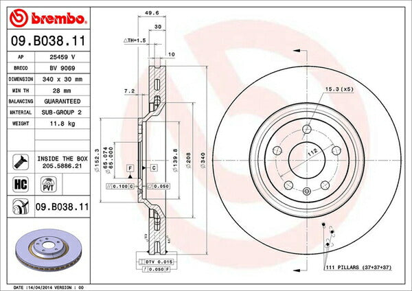 brembo BRAKE DISC AUDI TT 8JBUBF 2006/10〜2015/08 フロント左右セット 09.B038.11