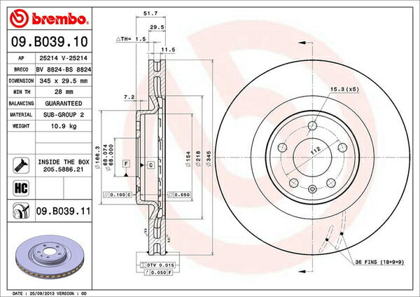brembo BRAKE DISC AUDI S5 8TCAUF 2008/02〜2010/11 フロント左右セット 09.B039.11
