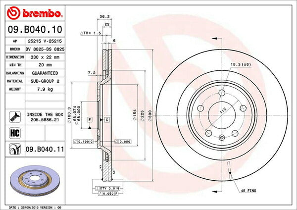 brembo BRAKE DISC AUDI S5 8TCAUF 2008/02〜2010/11 リア左右セット 09.B040.11