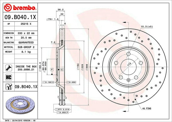 brembo XTRA BRAKE DISC AUDI S5 8FCAKF/8FCGWF 2010/09〜2010/11 リア左右セット 09.B040.1X