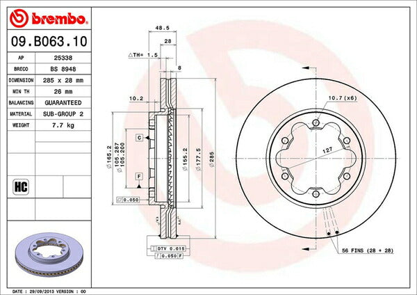 brembo BRAKE DISC トヨタ ハイエースバン/レジアスエースバン TRH200B/TRH211B/TRH216B/TRH221B/TRH223B/TRH226B/TRH228B/TRH200K/TRH211K/TRH216K/TRH221K/