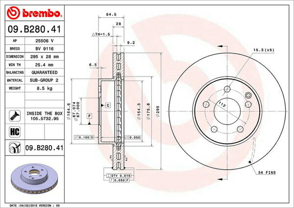 brembo BRAKE DISC MERCEDES BENZ Cクラス W204(ワゴン) 204254 2009/08〜 フロント左右セット 09.B280.41
