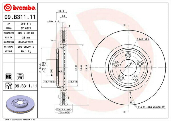 brembo BRAKE DISC JAGUAR/DAIMLER XJ6/ソブリン J71VA/J71VB 2004/04〜2010/05 フロント左右セット 09.B311.11