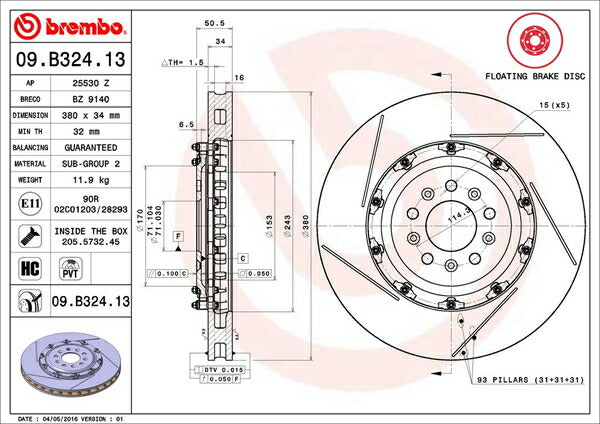 brembo フローティングディスク ASTON MARTIN ヴァンテージ フロント左右セット 09.B324.13