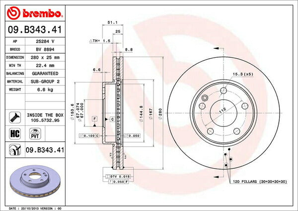 brembo BRAKE DISC MERCEDES BENZ Aクラス W176 176042 2013/01〜 フロント左右セット 09.B343.41
