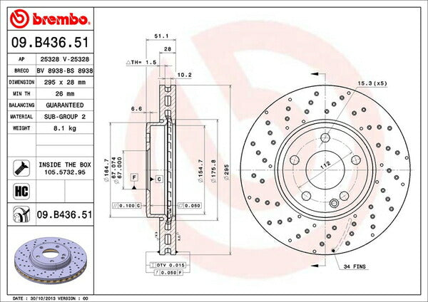 brembo BRAKE DISC MERCEDES BENZ CLAクラス W117 117342 2013/07〜2019/10 フロント左右セット 09.B436.51