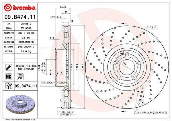 brembo BRAKE DISC MERCEDES BENZ SL R231 231466 2016/06〜 フロント左右セット 09.B474.11