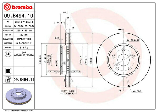 brembo BRAKE DISC レクサス CT200h ZWA10 2011/01〜 フロント左右セット 09.B494.10