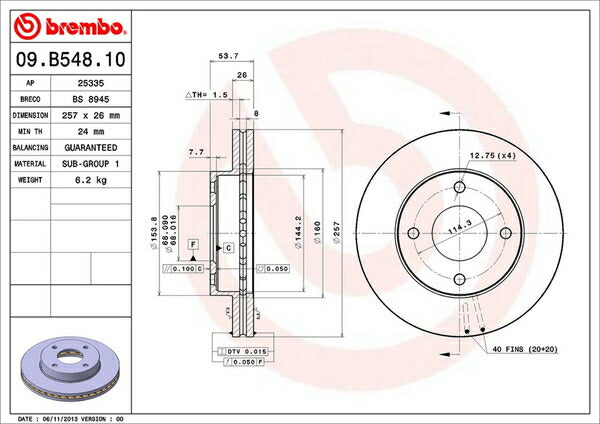 brembo BRAKE DISC ニッサン NV200バネットバン M20/VM20 2009/05〜 フロント左右セット 09.B548.10