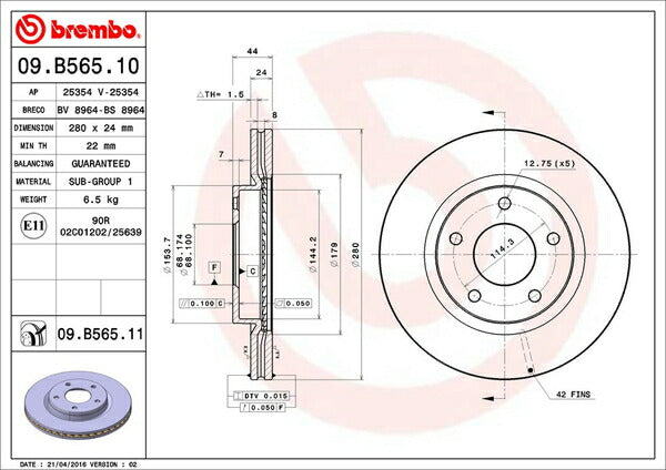 brembo BRAKE DISC ニッサン ジューク YF15 2010/06〜 フロント左右セット 09.B565.11