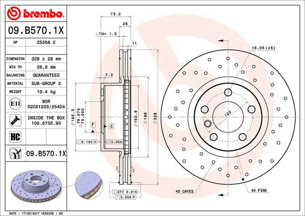 brembo XTRA BRAKE DISC BMW X3 F25 WX20/WX30/WX35/WY20 2011/03〜 フロント左右セット 09.B570.1X