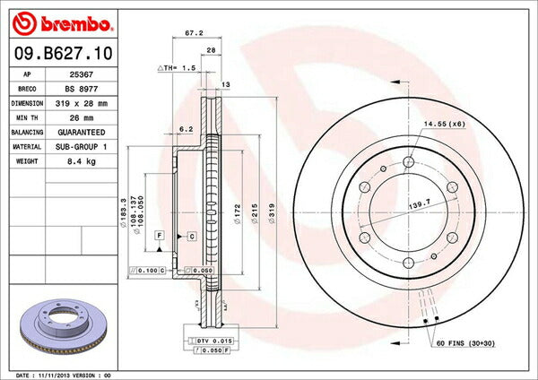 brembo BRAKE DISC トヨタ ハイラックスピックアップ GUN125 2017/09〜2019/08 フロント左右セット 09.B627.10