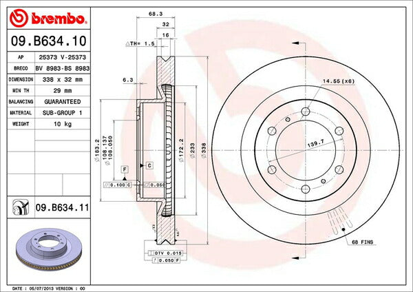 brembo BRAKE DISC トヨタ ランドクルーザープラド TRJ150W/GRJ150W/GRJ151W/GDJ150W/GDJ151W 2009/09〜 フロント左右セット 09.B634.11