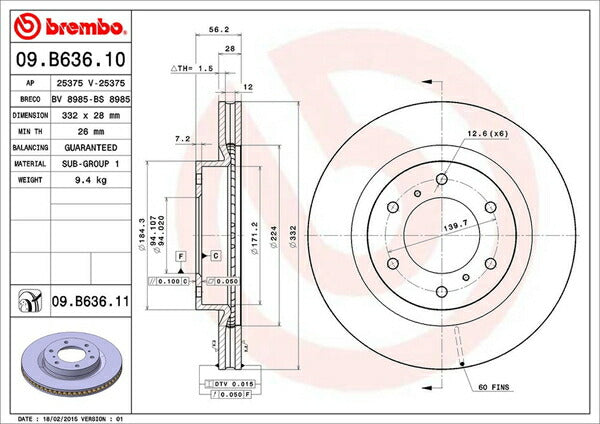 brembo BRAKE DISC ミツビシ パジェロ V97W/V98W 2006/08〜 フロント左右セット 09.B636.11