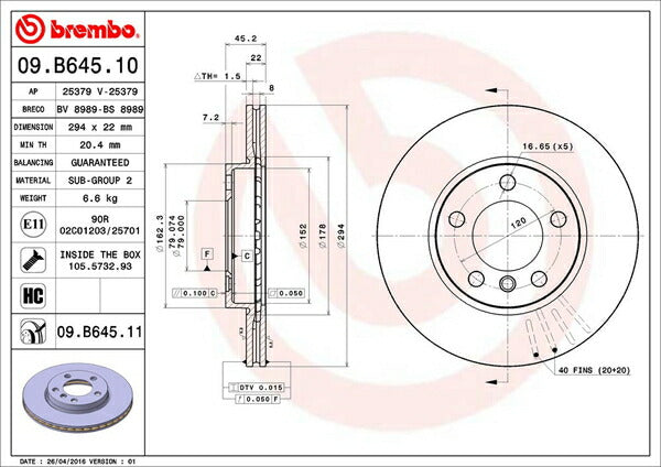 brembo BRAKE DISC MINI R60(クロスオーバー) XD20F/XD20A/ZB20 2011/01〜 フロント左右セット 09.B645.11