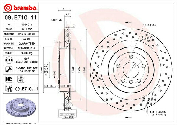 brembo BRAKE DISC MERCEDES BENZ Mクラス/GLE W166 166074 2012/06〜2015/10 リア左右セット 09.B710.11