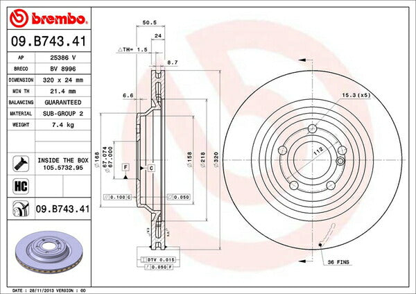 brembo BRAKE DISC MERCEDES BENZ SL R231 231473 2012/03〜 リア左右セット 09.B743.41