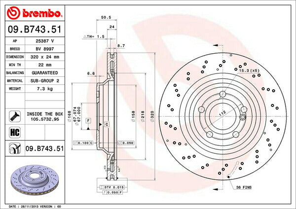brembo BRAKE DISC MERCEDES BENZ SL R231 231457 2012/03〜 リア左右セット 09.B743.51