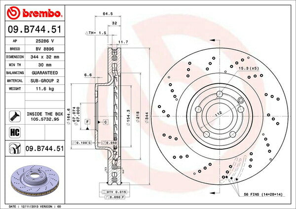 brembo BRAKE DISC MERCEDES BENZ SLK R172 172457 2011/05〜 フロント左右セット 09.B744.51