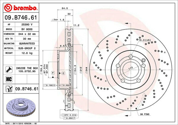 brembo BRAKE DISC MERCEDES BENZ Eクラス C207(クーペ) 207361 2015/01〜 フロント左右セット 09.B746.61