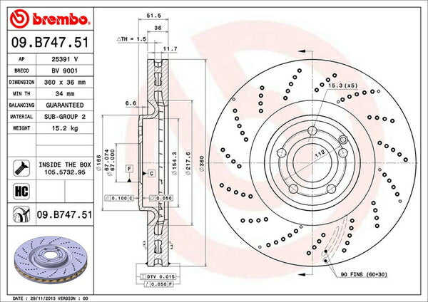 brembo BRAKE DISC MERCEDES BENZ CLSクラス W218(シューティングブレーク) 218991 2012/10〜 フロント左右セット 09.B747.51